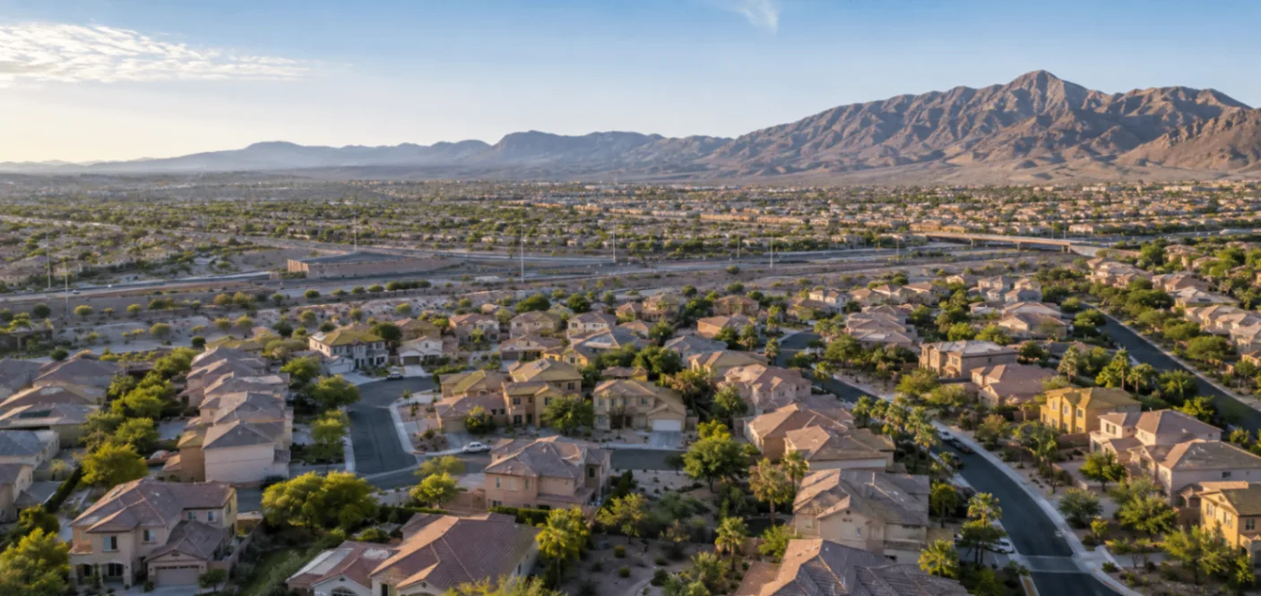 Aerial view of a Las Vegas Valley neighborhood with desert mountains in the distance